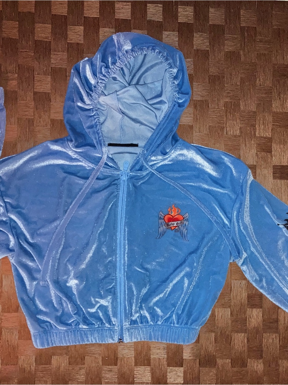 Girls' Light Blue Velvet Hooded Zip Jacket with Heart & Wings Patch